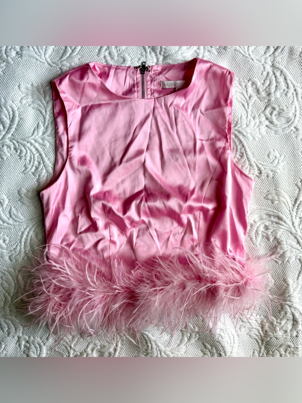 REVOLVE MORE TO COME PINK SATIN FEATHER TRIM CROP TOP XS - Picture 2 of 9